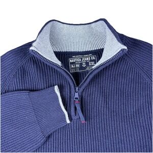 Vintage 90s Nautica Jeans Co Men Quarter Zip Ribbed Cotton Navy Blue Sweater XXL